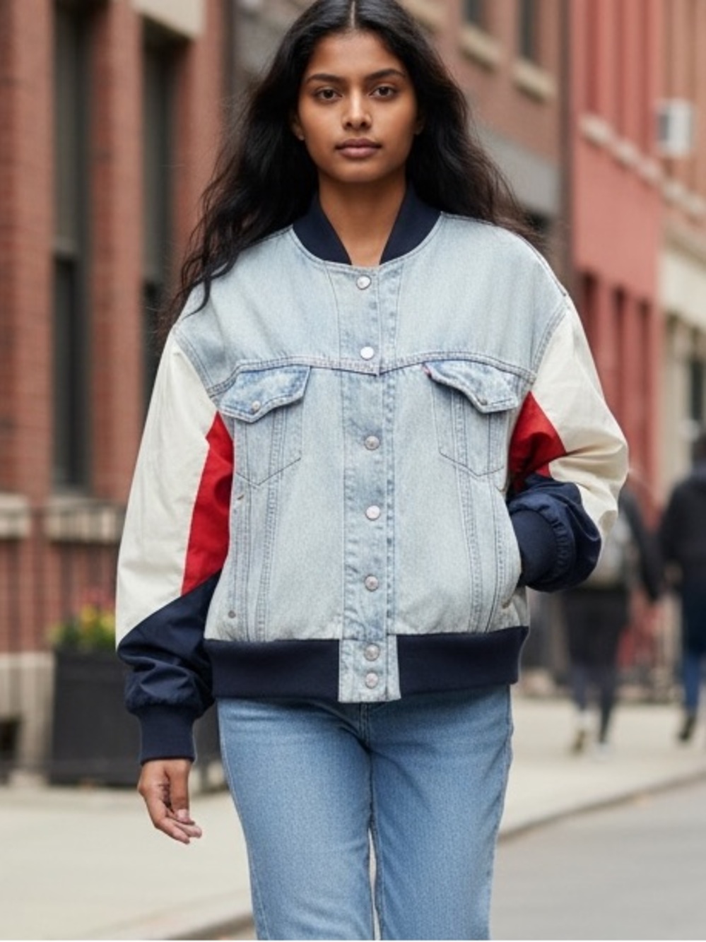 Women’s Light Wash Denim Bomber Jacket with Red & Navy Panels